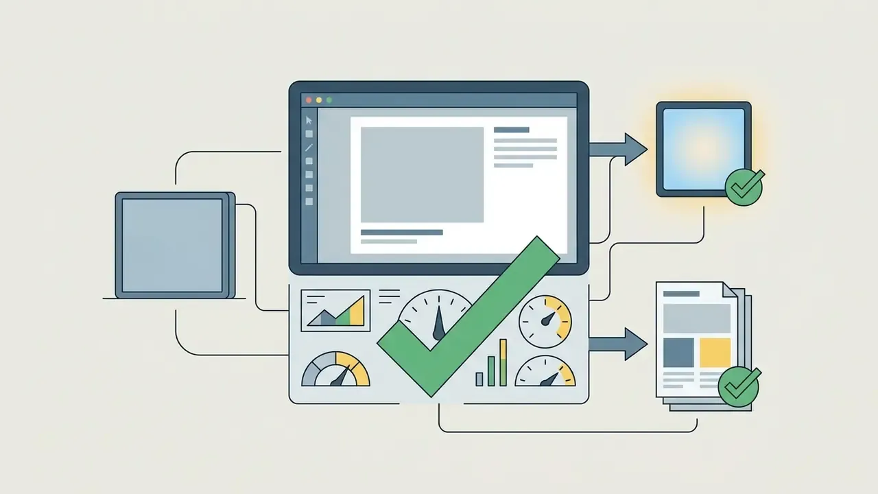 Central interface with gauges and a checkmark processing input files into validated digital exports