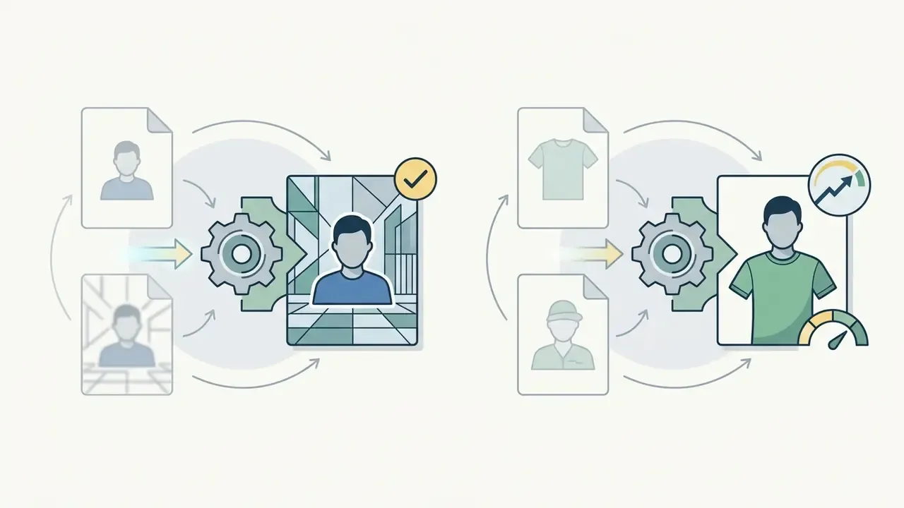 Two parallel processes showing subject and background replacement alongside a virtual try-on mechanism