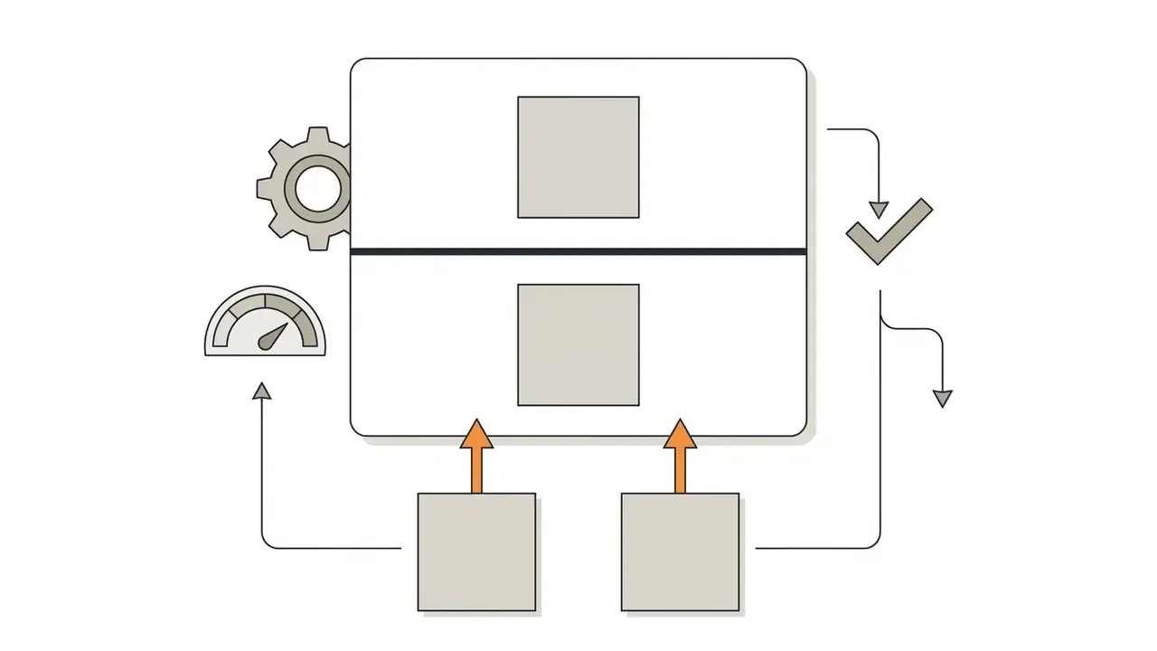 Vertical stack of panels with gear and gauge icons indicating a structured image processing workflow