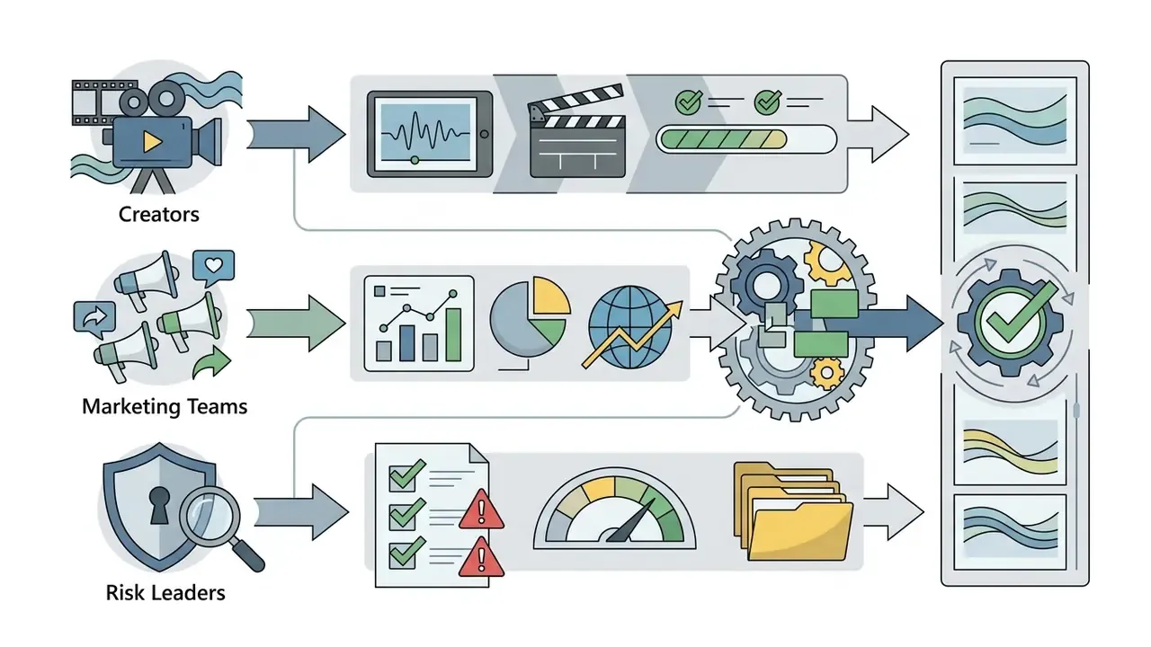 Three parallel workflows for creators, marketing teams, and risk leaders converging into a central gear system