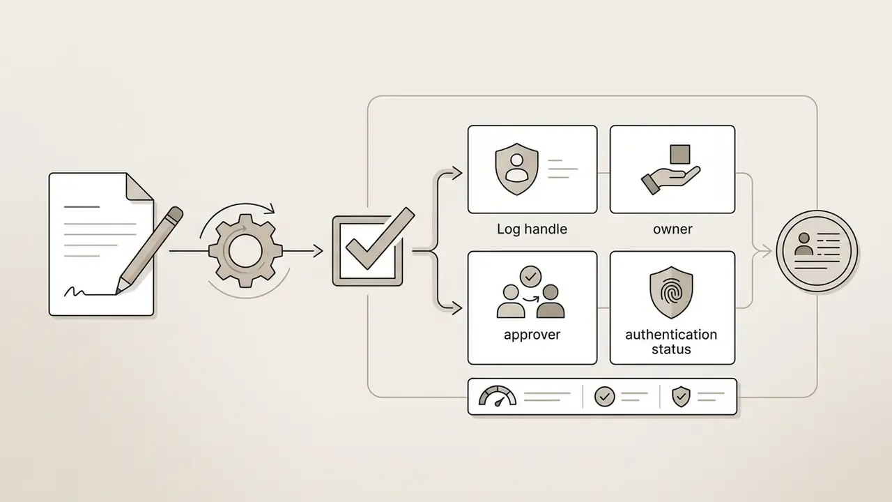 Document being processed through a gear and checkmark to update identity register records