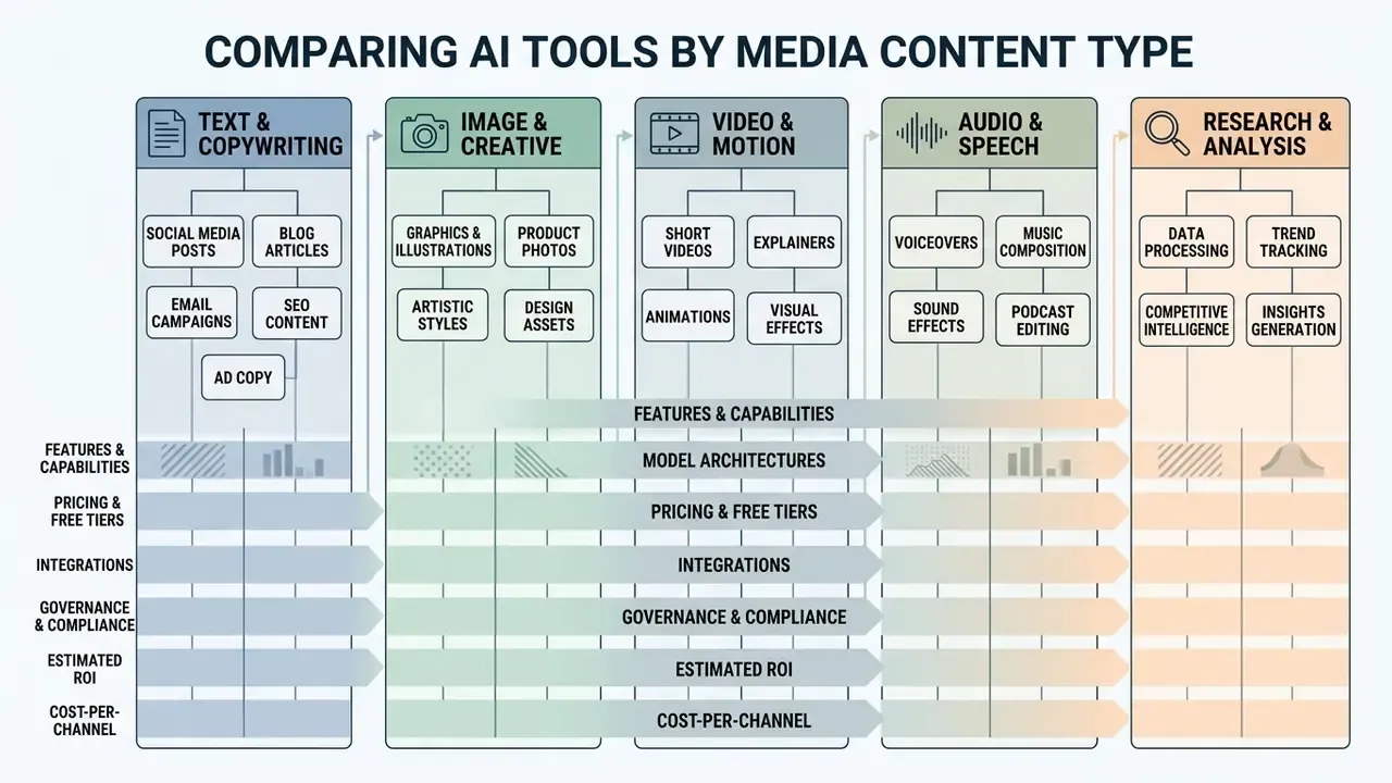 Categorization chart mapping AI tools across five media content types and their operational metrics