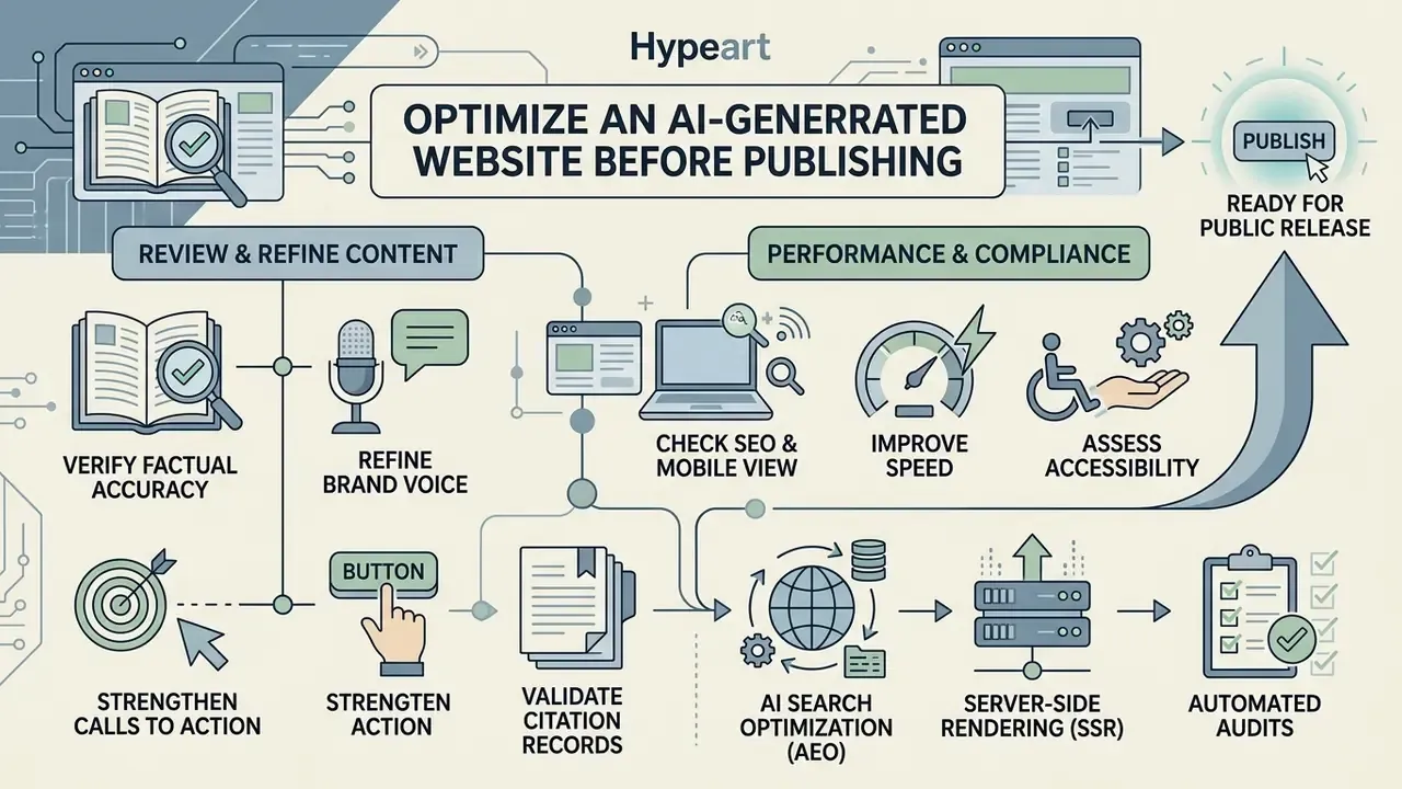 Infographic outlining content refinement and technical performance steps to create a website with AI