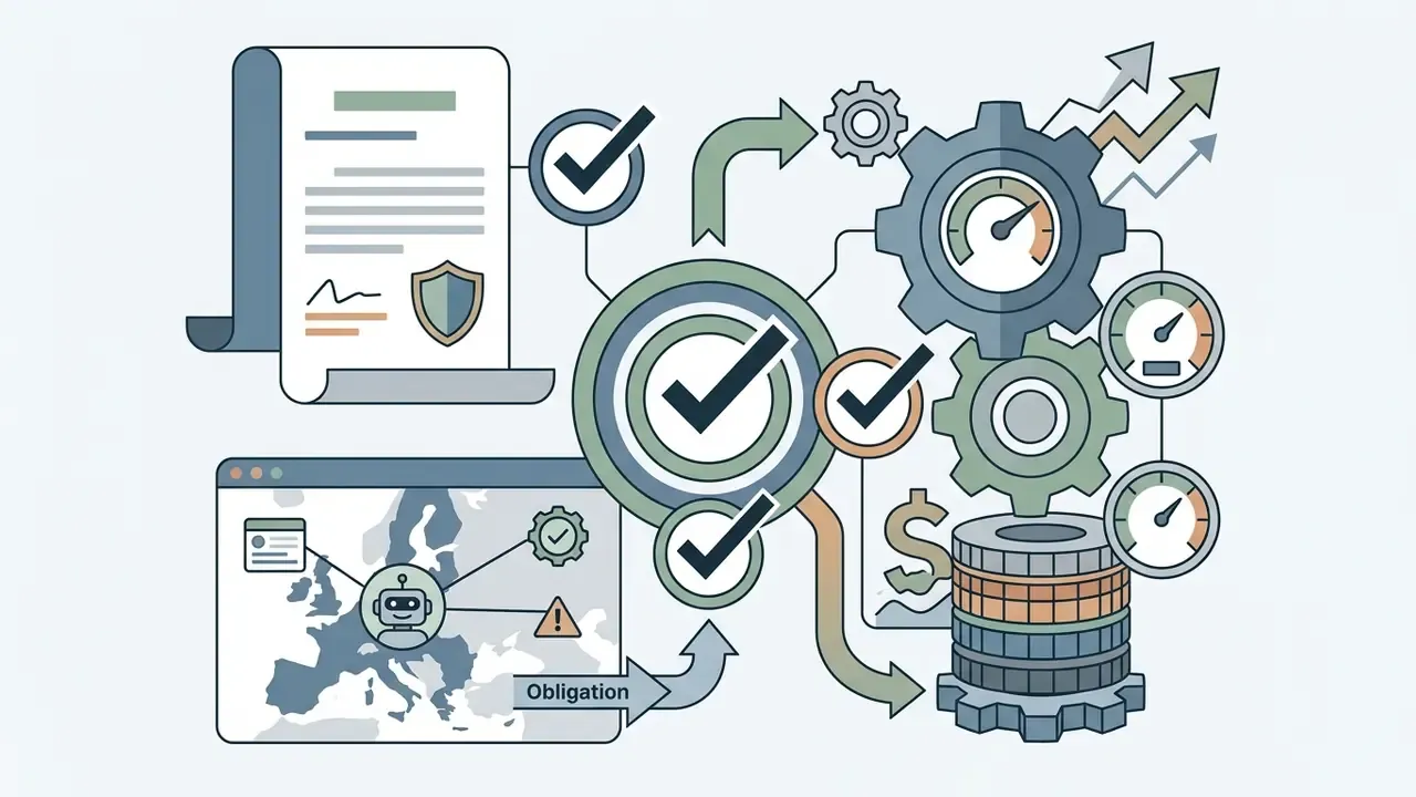 Document icons, checkmarks, gauges, and a map of Europe representing legal and financial compliance