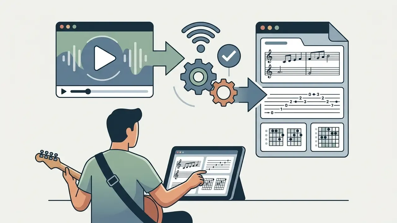 Guitarist using a tablet to convert video audio into sheet music, tablature, and chord diagrams