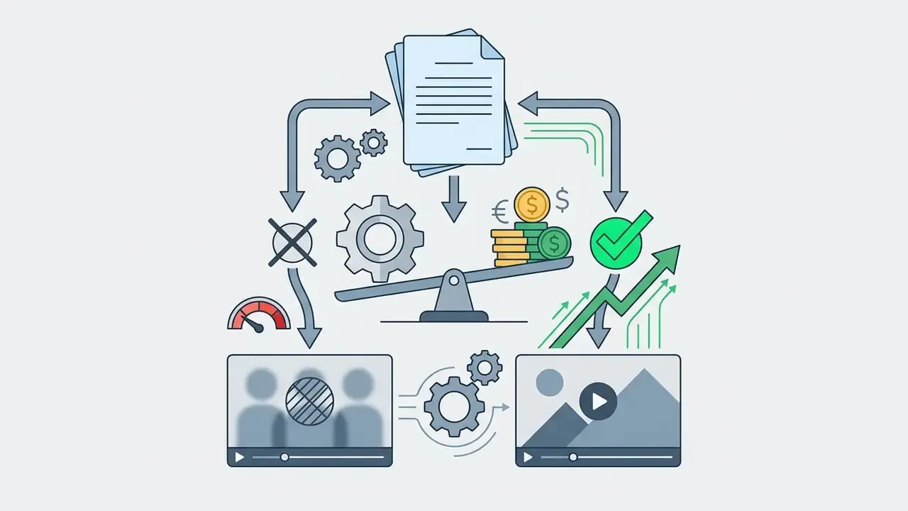 Balance scale weighing documents against money with paths to watermarked or monetized video outputs