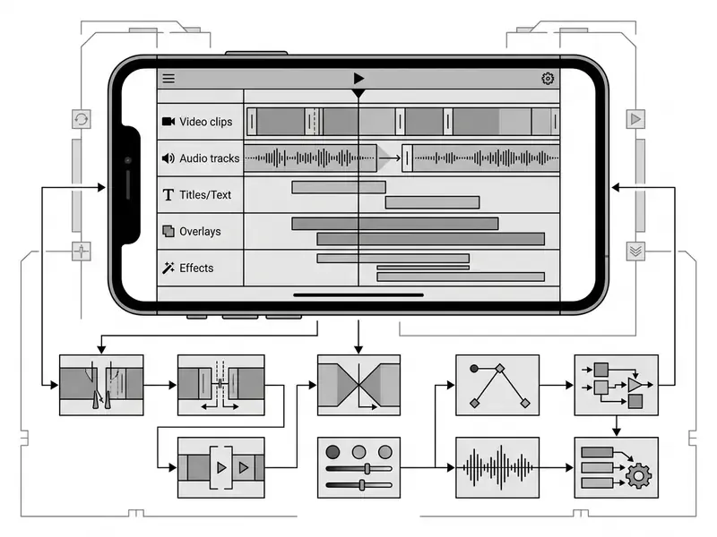 Smartphone screen showing a multi-track video editing timeline with various processing workflow icons