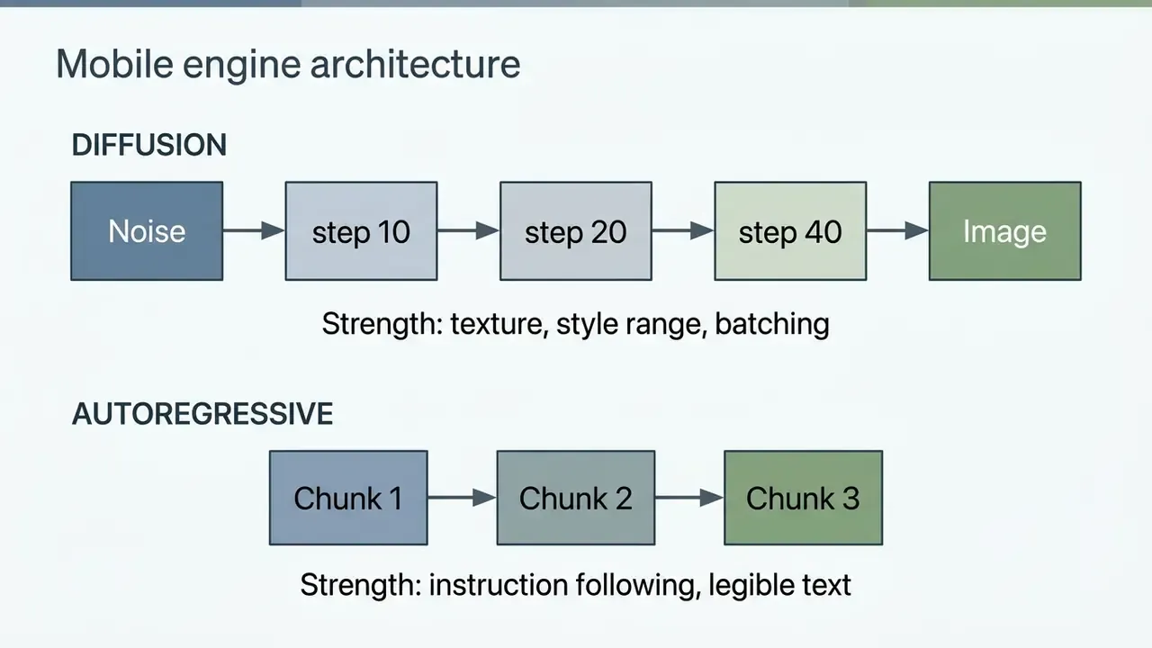 Diagram comparing diffusion and autoregressive processes for a mobile AI art generator app