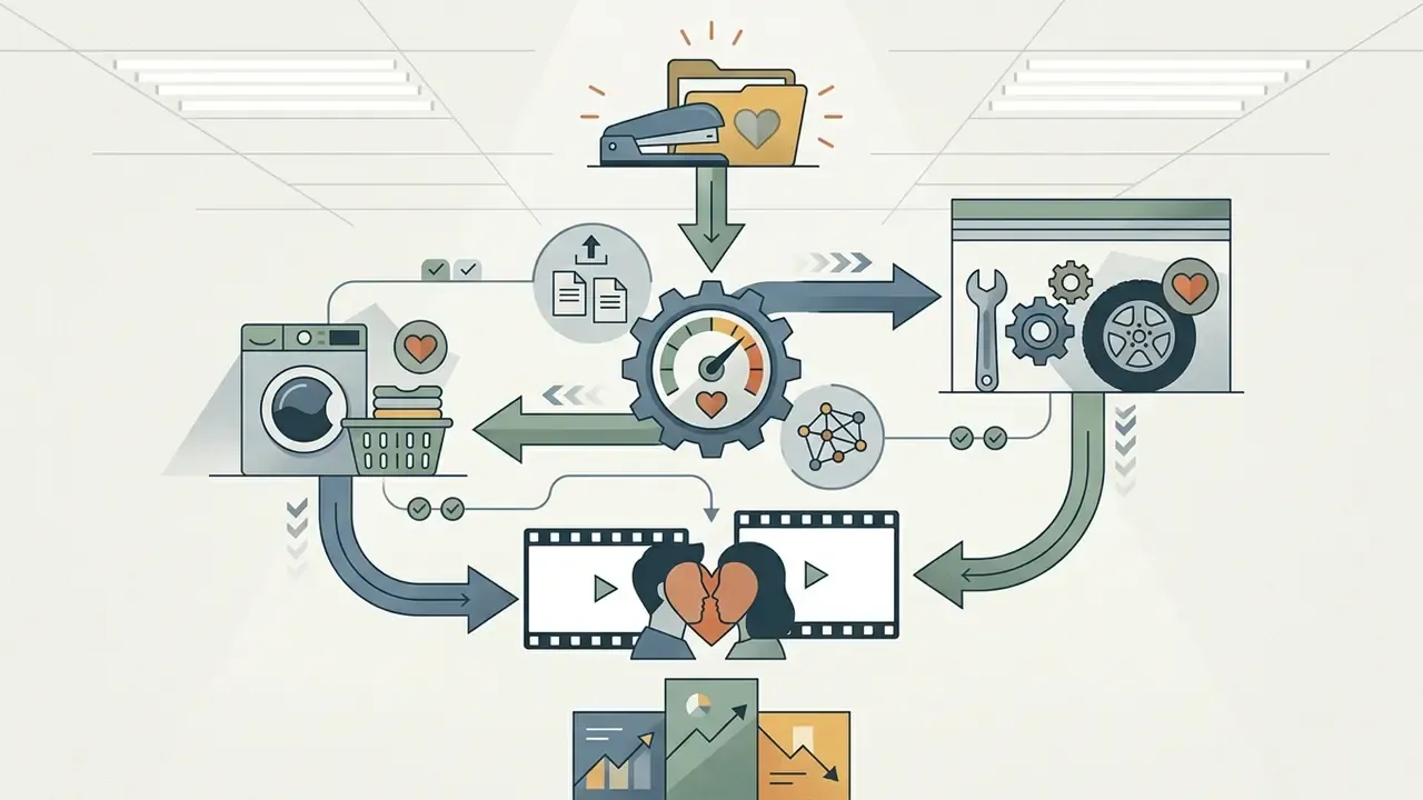 Workflow connecting office, garage, and laundry icons to an ai kissing generator for video production