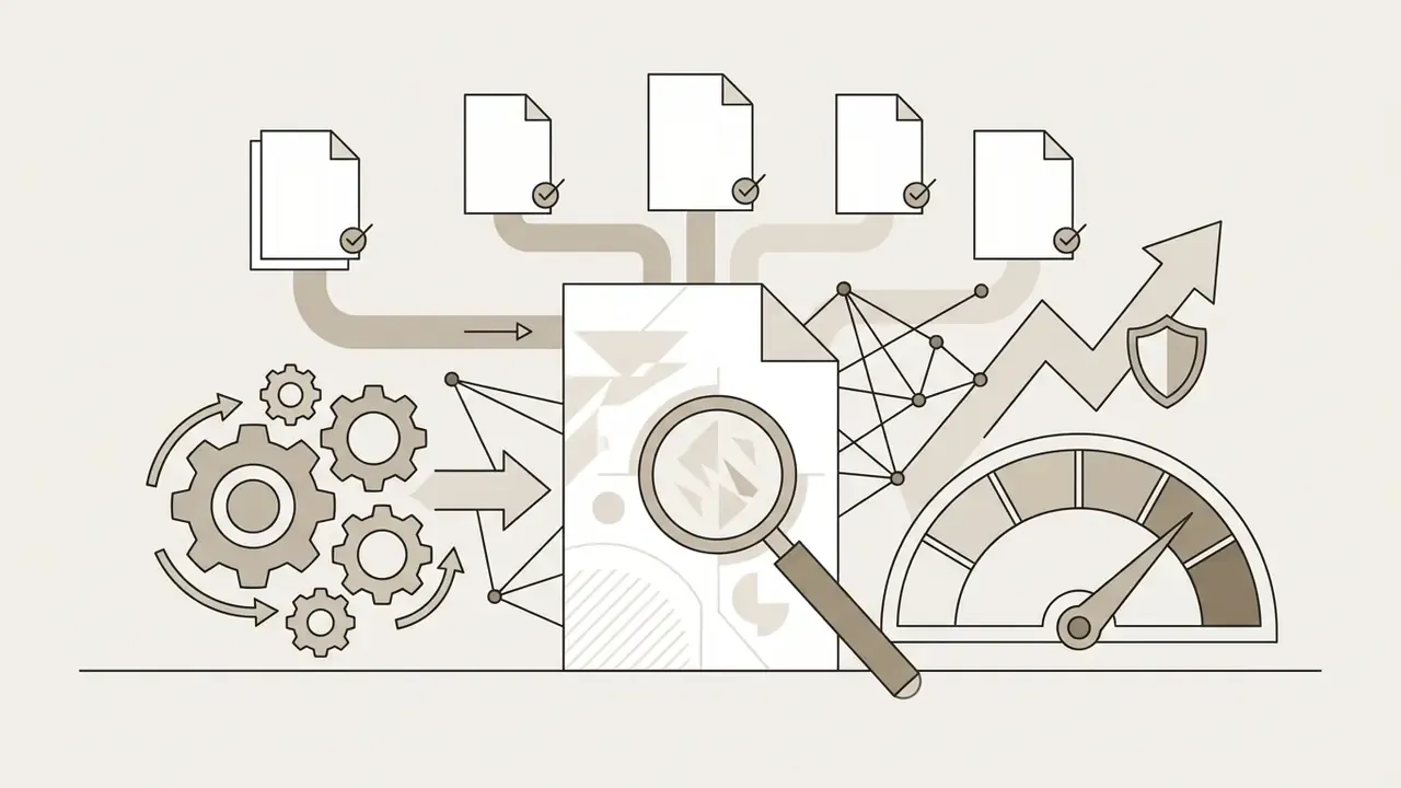 Document being analyzed by a magnifying glass with gears and a speedometer icon representing processing speed