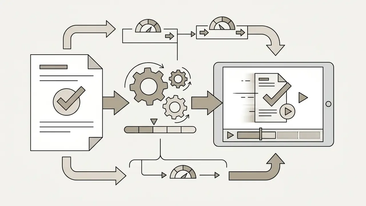 Process flow showing a document being transformed into an animated video clip on a tablet screen