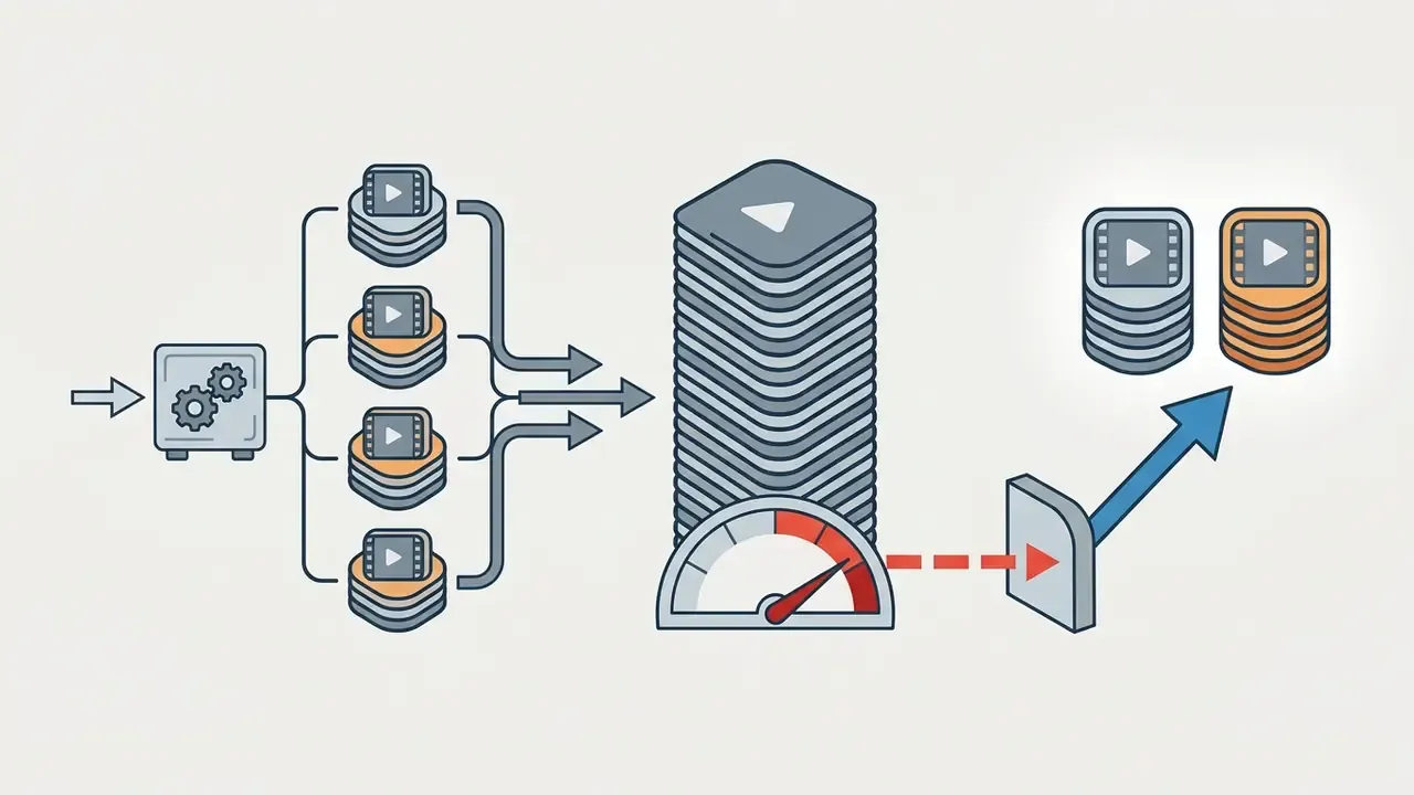 Visual representation of batch video processing with a speed gauge indicating high credit consumption