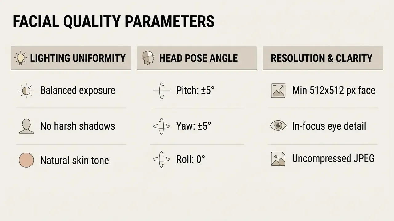 Table listing technical requirements for lighting, head pose, and image resolution for portrait quality