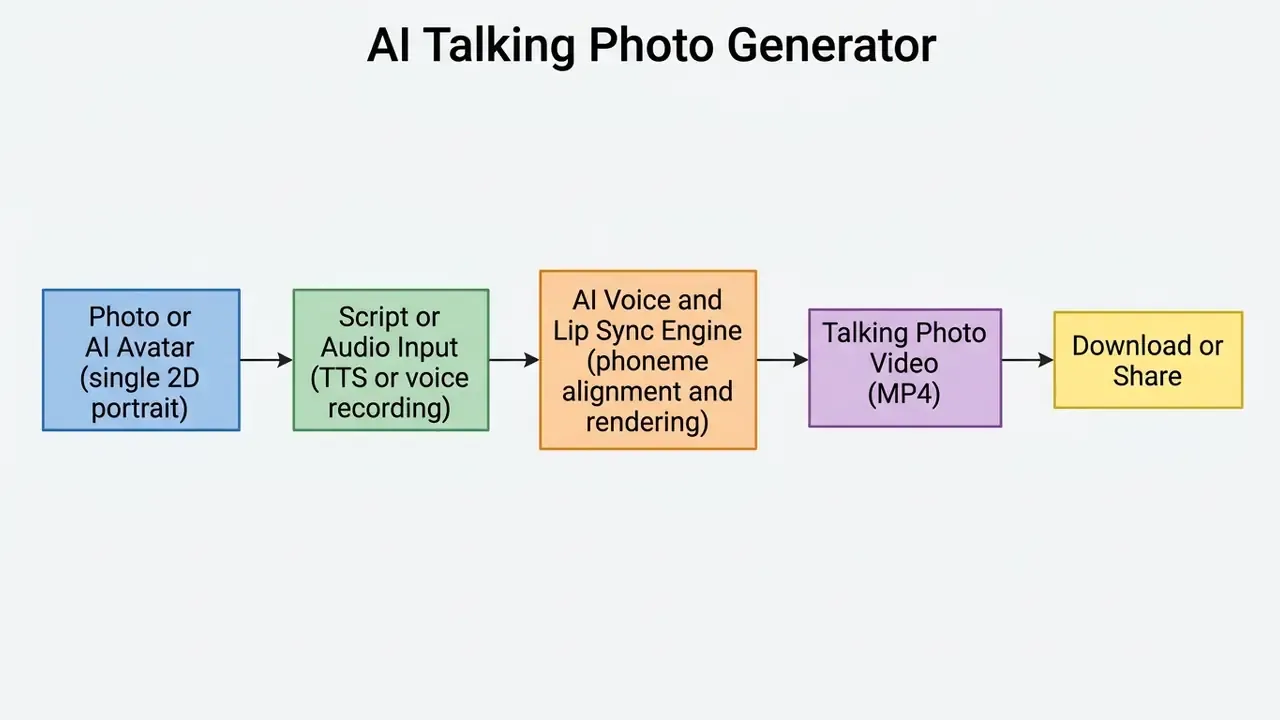 Flowchart showing the steps to create a talking photo online free AI from input to final video download