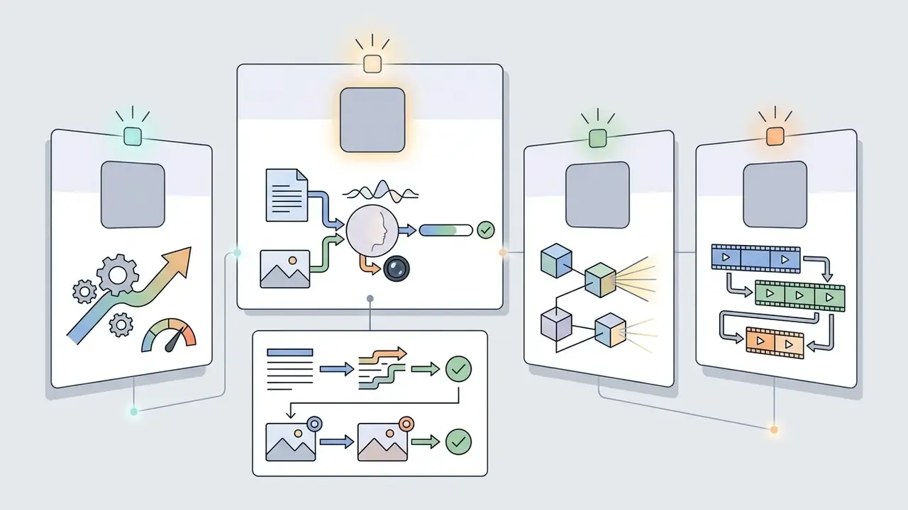 Multiple interconnected panels showing text, image, and video processing workflows with gear and film icons