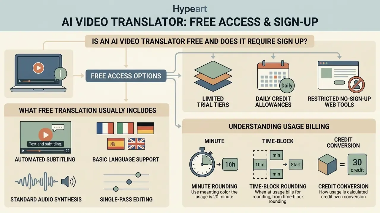 Infographic detailing access tiers, inclusion features, and billing methods for automated language tools