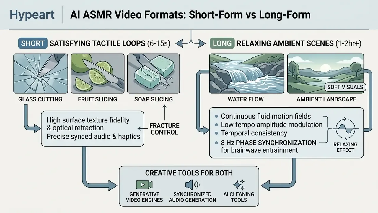 Infographic comparing short tactile loop videos with long relaxing ambient scenes for an AI ASMR generator
