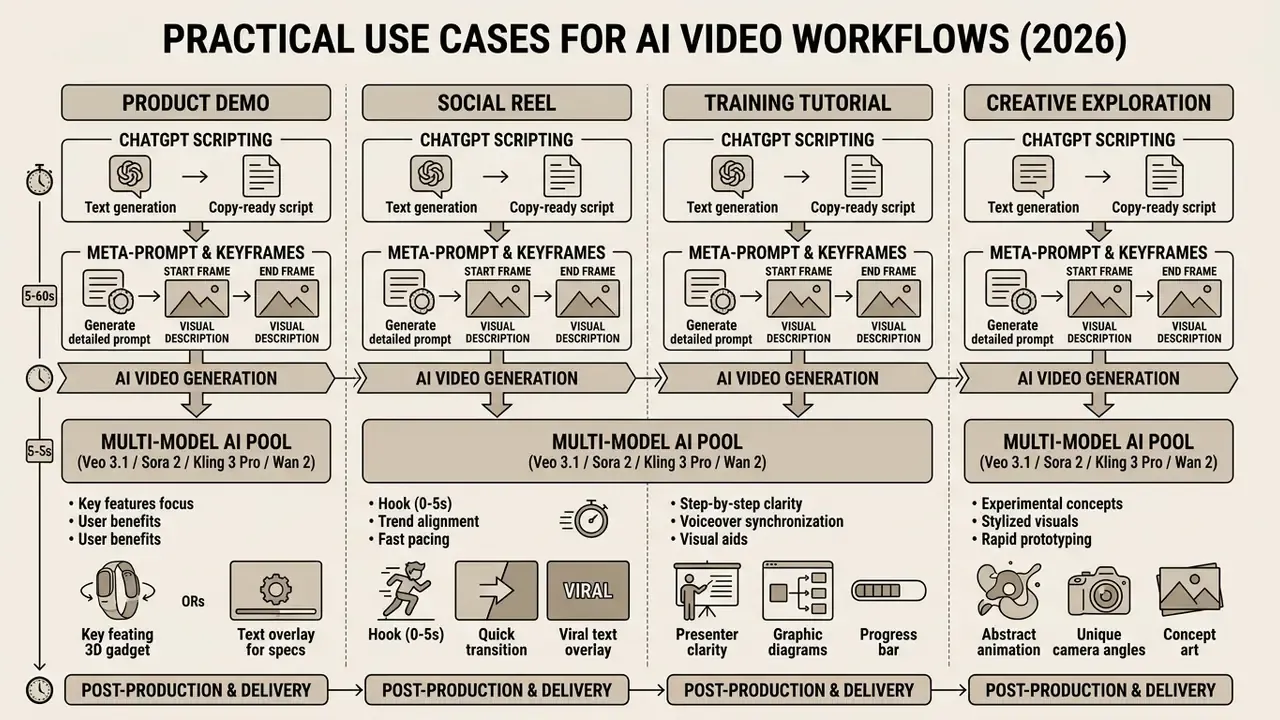 Four parallel columns detailing scripting, prompting, and synthesis steps for various video project types