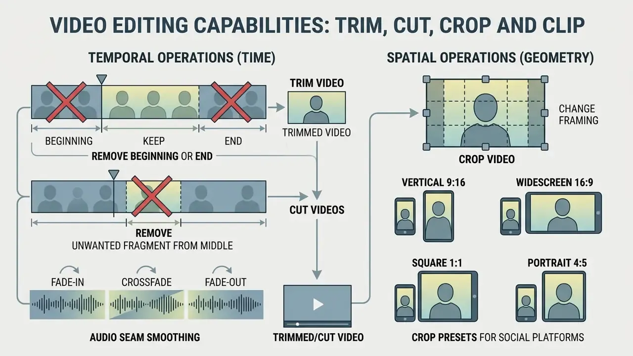 Diagram comparing temporal video trimming and cutting with spatial cropping and aspect ratio presets