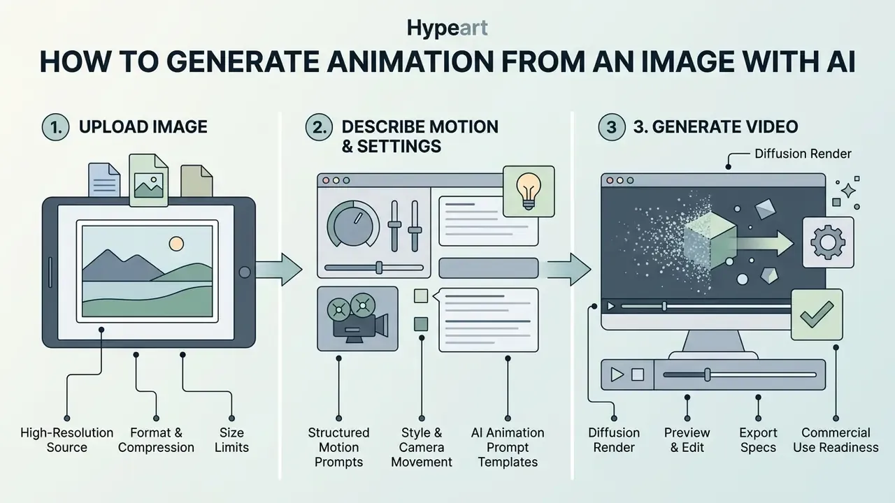 Three-step process diagram showing how to upload images, define motion settings, and generate AI video