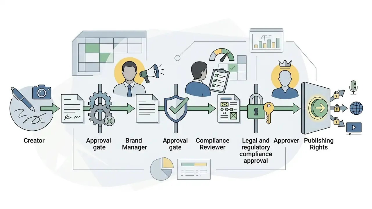 Workflow showing content moving through creator, brand manager, compliance reviewer, and approver roles