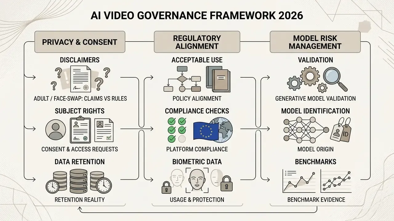 Infographic showing an AI video governance framework covering privacy, regulatory alignment, and risk management