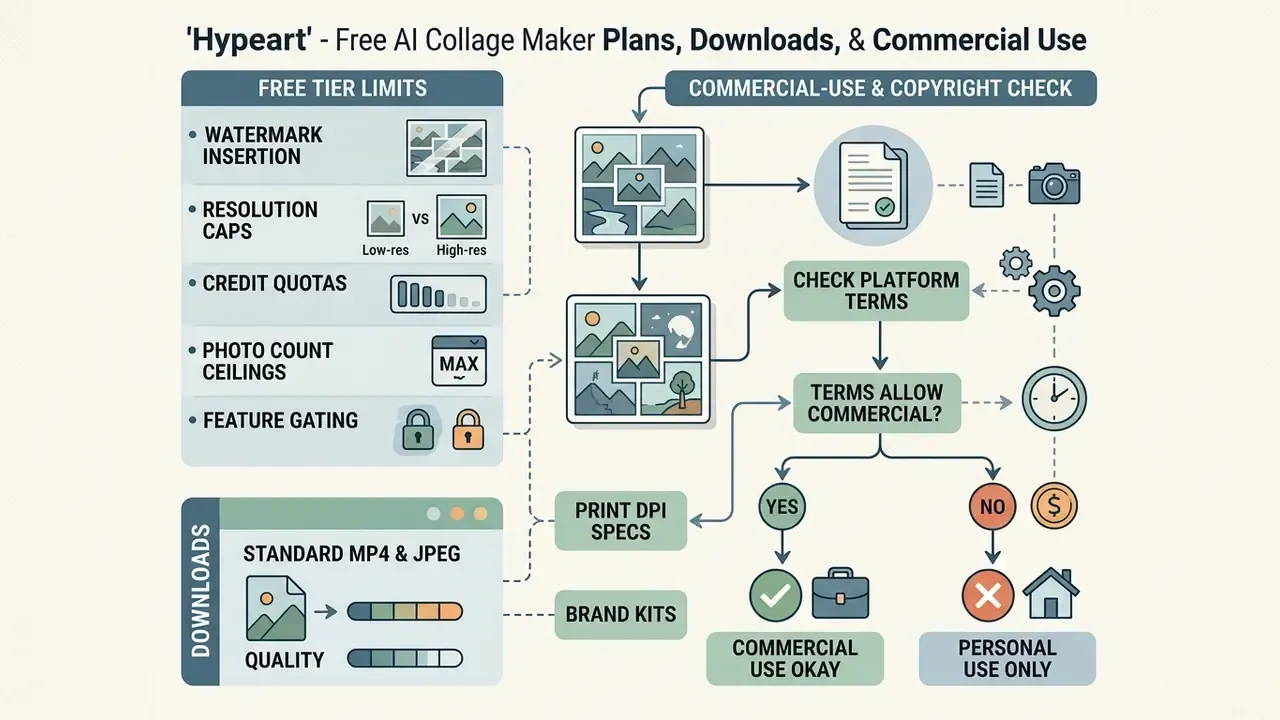 Flowchart detailing free tier limitations, download formats, and a commercial use decision path