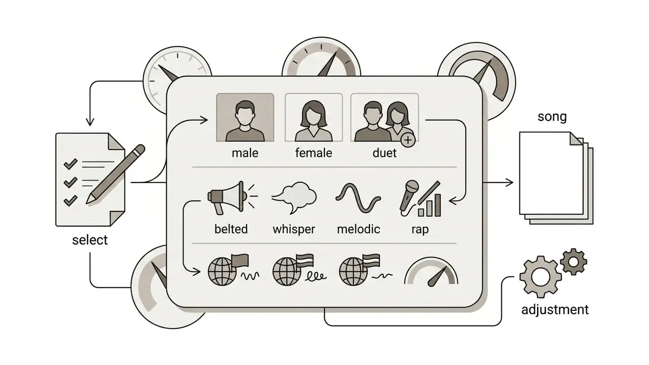 Control panel with icons for vocal gender, delivery style, and language settings for song generation