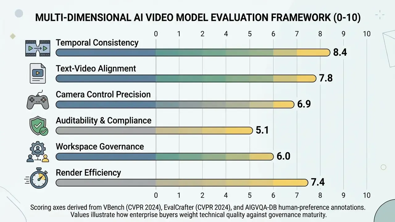 Horizontal bar chart comparing six technical and governance metrics for AI video creation platforms
