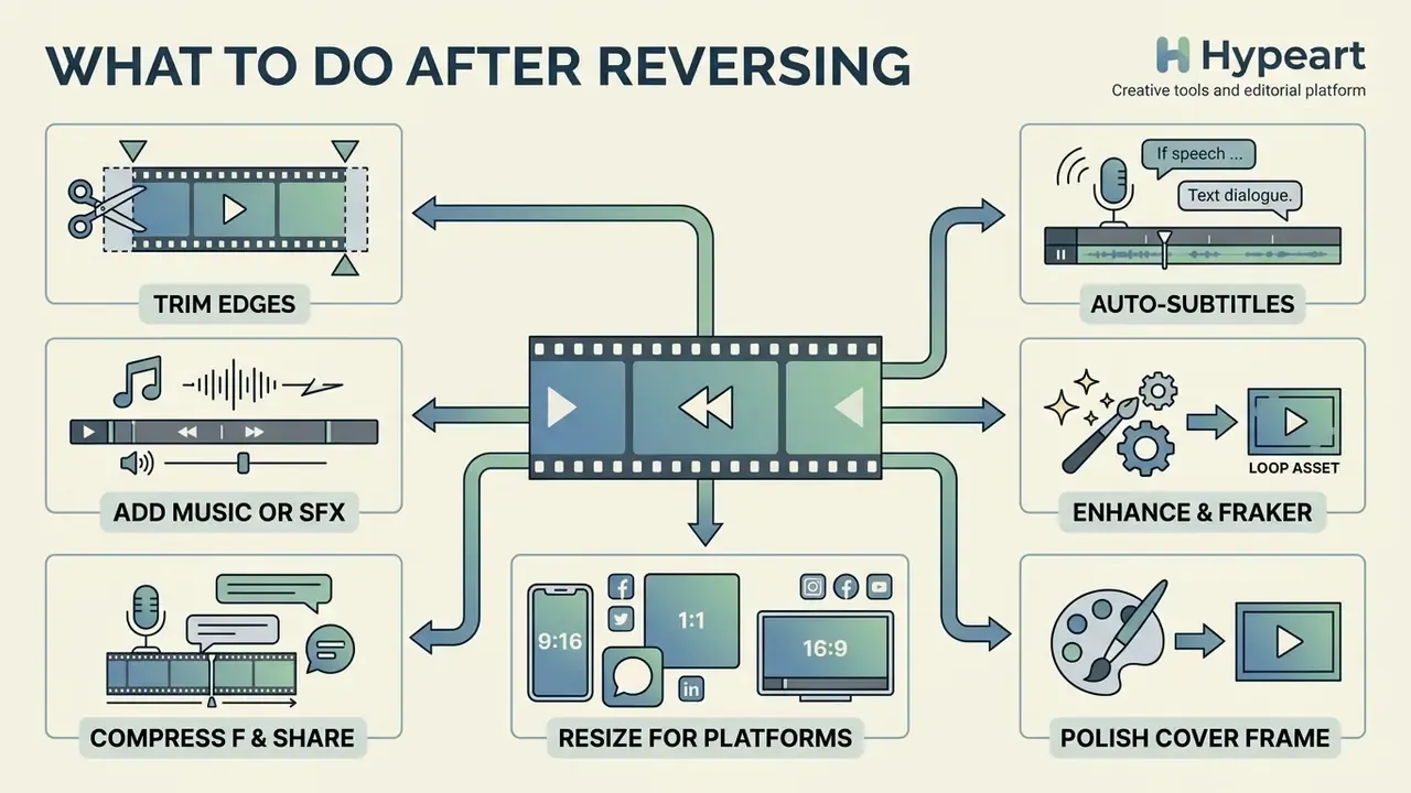 Central film strip connected to icons for trimming, audio, subtitles, resizing, and file compression