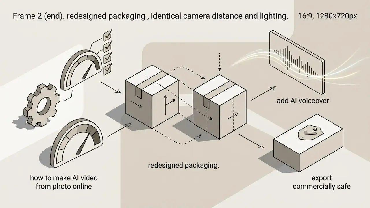 Boxes transitioning between states with gauges and audio wave icons representing automated content creation