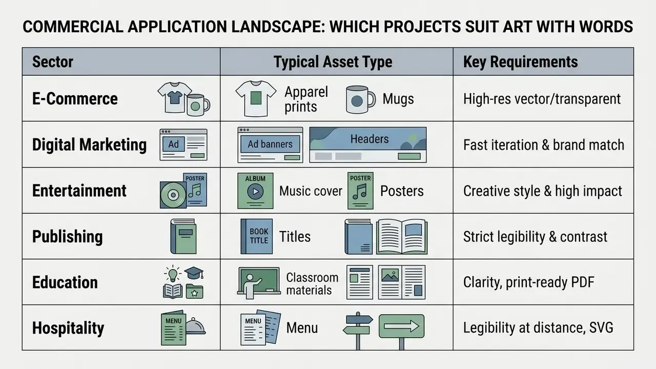 Table mapping commercial sectors to typical asset types and key requirements for word art projects