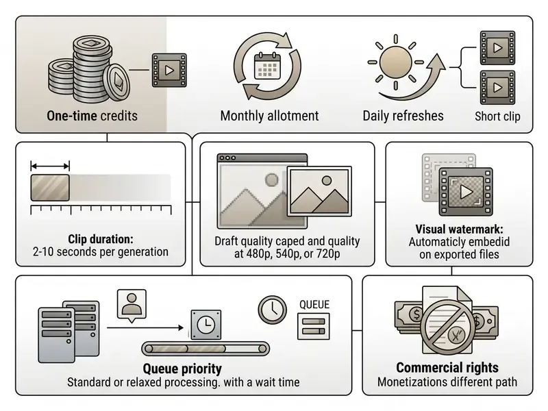 Infographic showing credit limits, clip duration, resolution caps, watermarks, and processing queues