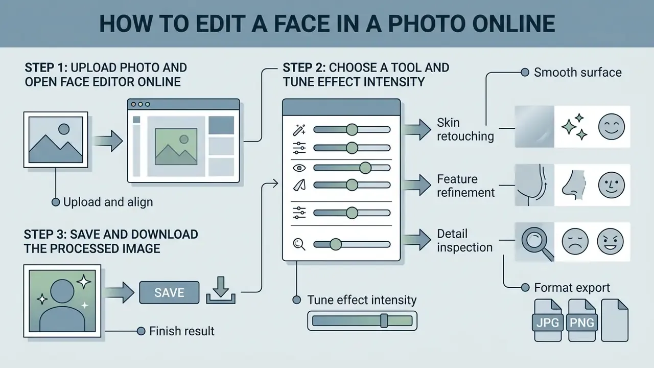 Workflow diagram showing image upload, tool adjustment sliders, and final file format export steps