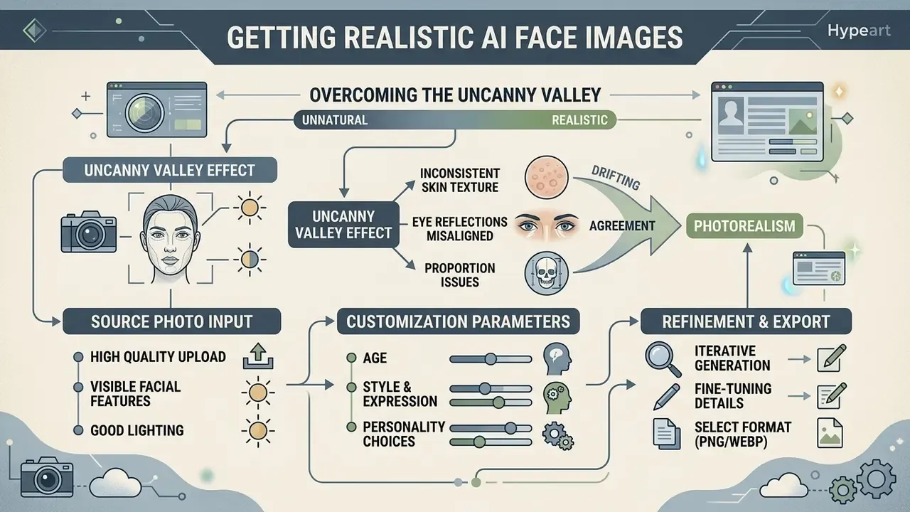 Diagram detailing how to achieve photorealism by addressing skin texture and proportion in AI face generation