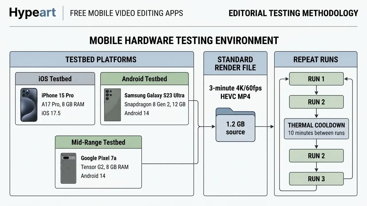 Diagram detailing mobile hardware testbeds, render file specifications, and sequential performance runs