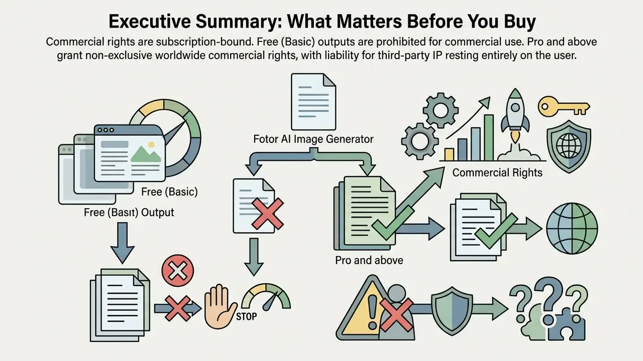Visual guide showing how subscription tiers determine commercial usage rights for generated media assets