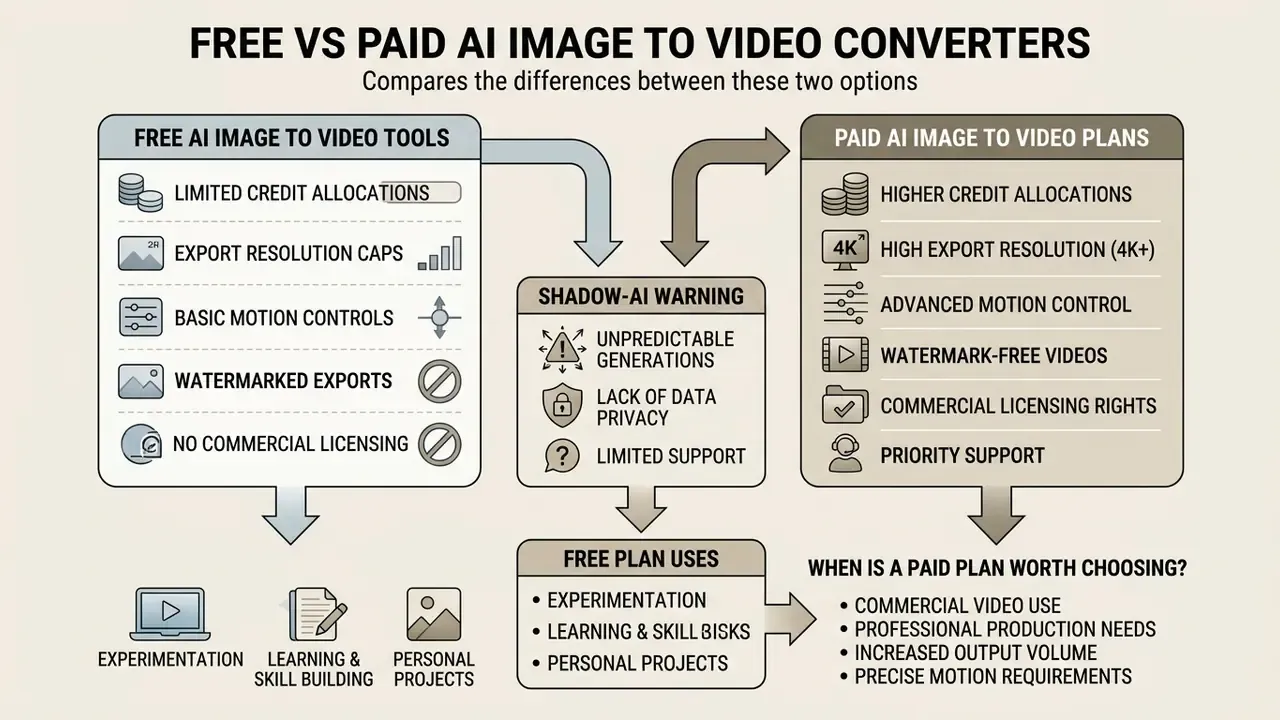 Diagram contrasting features of free versus paid generative software subscriptions and usage scenarios