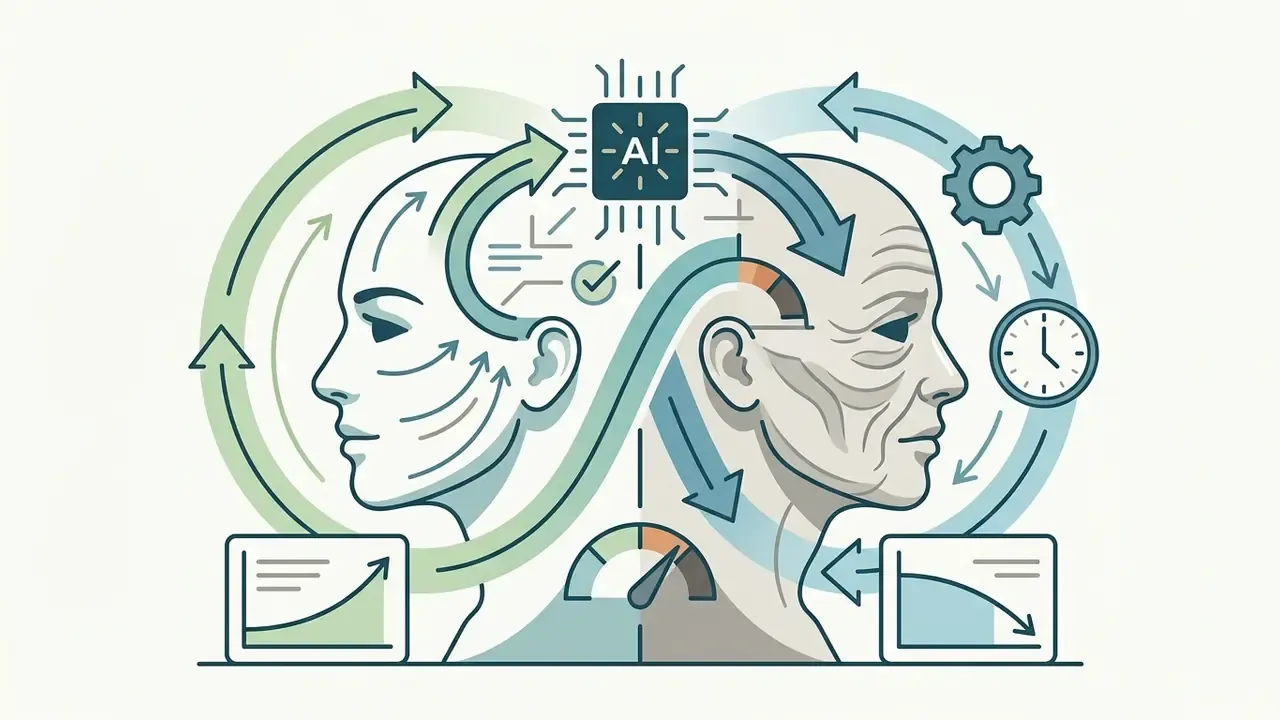 Conceptual diagram showing a youthful face transforming into an aged face through processor cycles