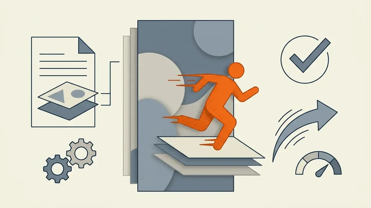 Orange figure running on layered panels next to document icons and a speed gauge representing subject motion