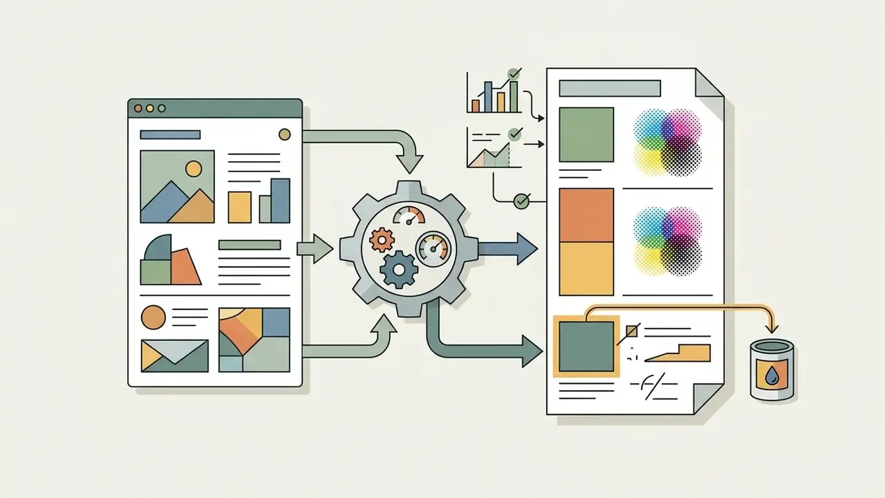 Digital design files feeding into a central gear processor for CMYK color conversion and ink output