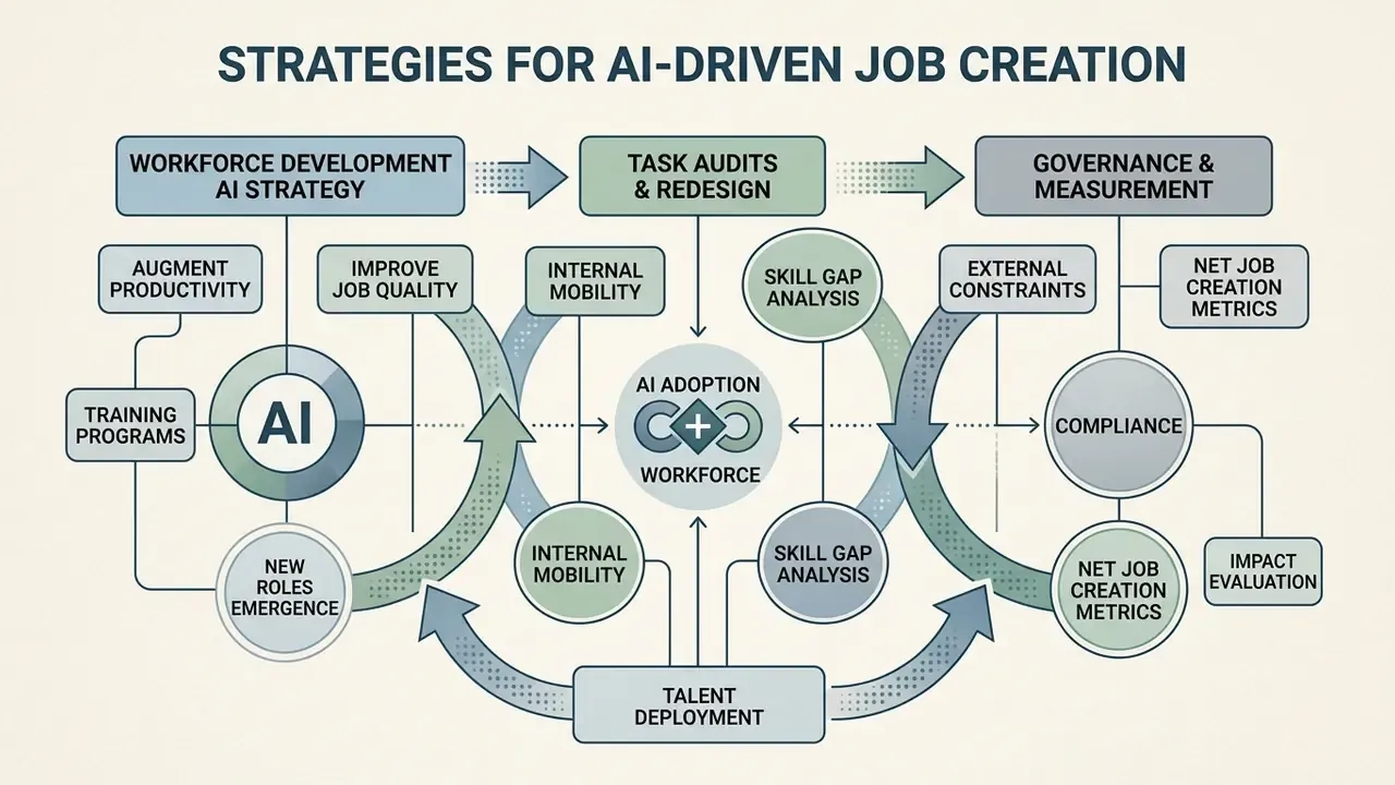 Diagram mapping workforce development, task redesign, and governance strategies for AI-driven job creation