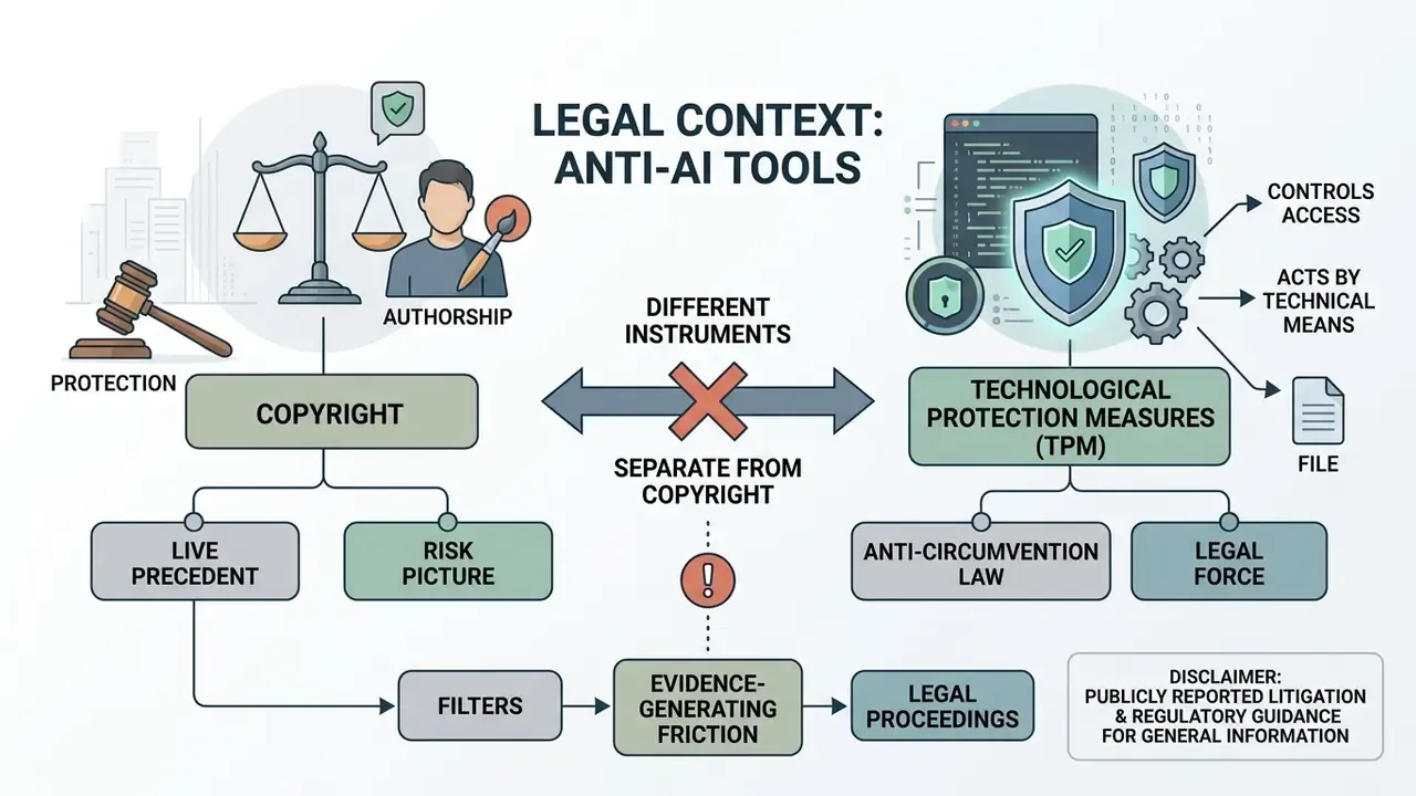 Comparison flowchart showing the distinction between copyright law and technological protection measures