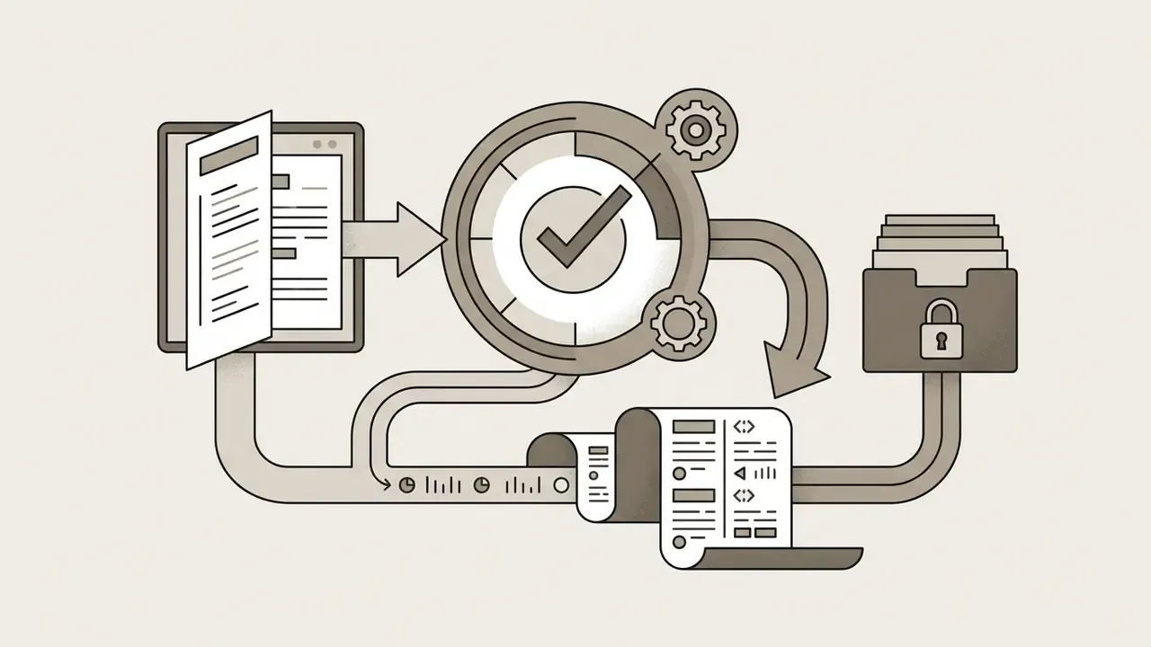 Document review feeding into a gear-driven verification gauge and a secure filing cabinet for audit logs