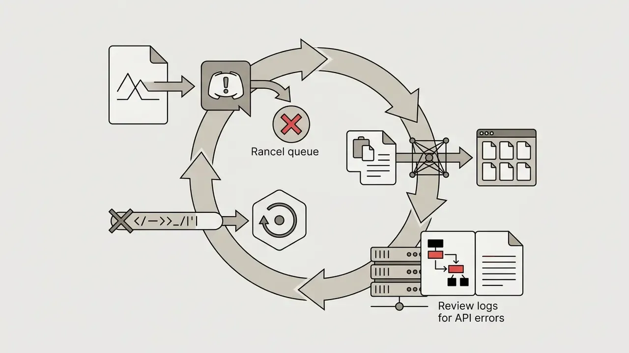 Circular process showing a bot error, queue cancellation, service restart, and server log review