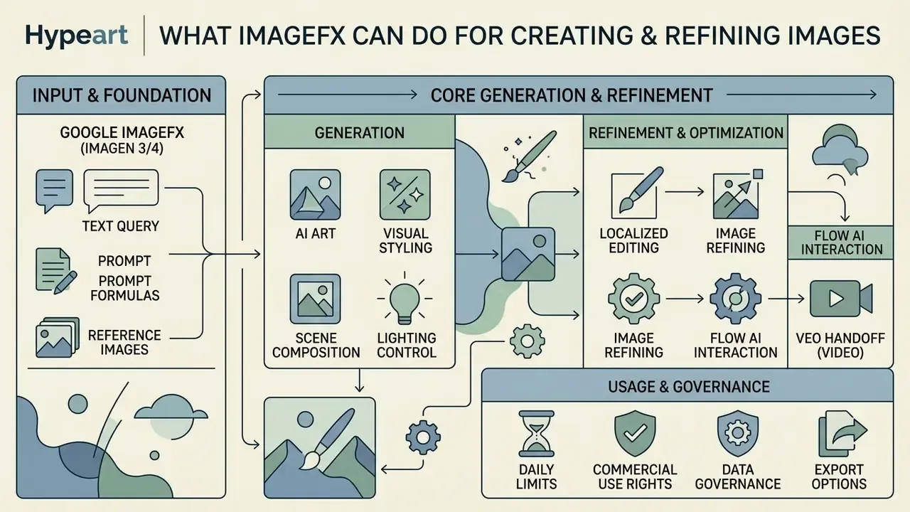 Infographic showing the ImageFX AI workflow from text input through generation to final refinement