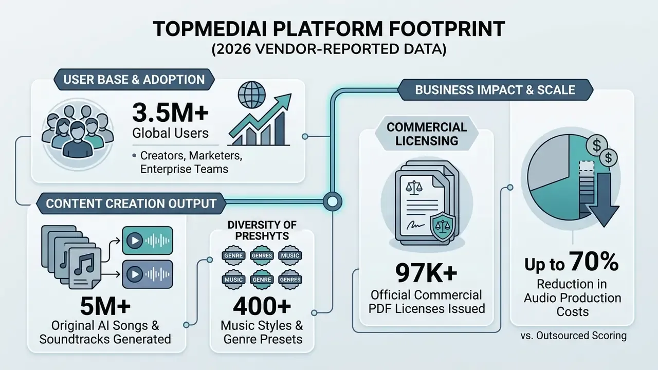 Infographic showing TopMediai AI music generator metrics including user base, output, and cost savings