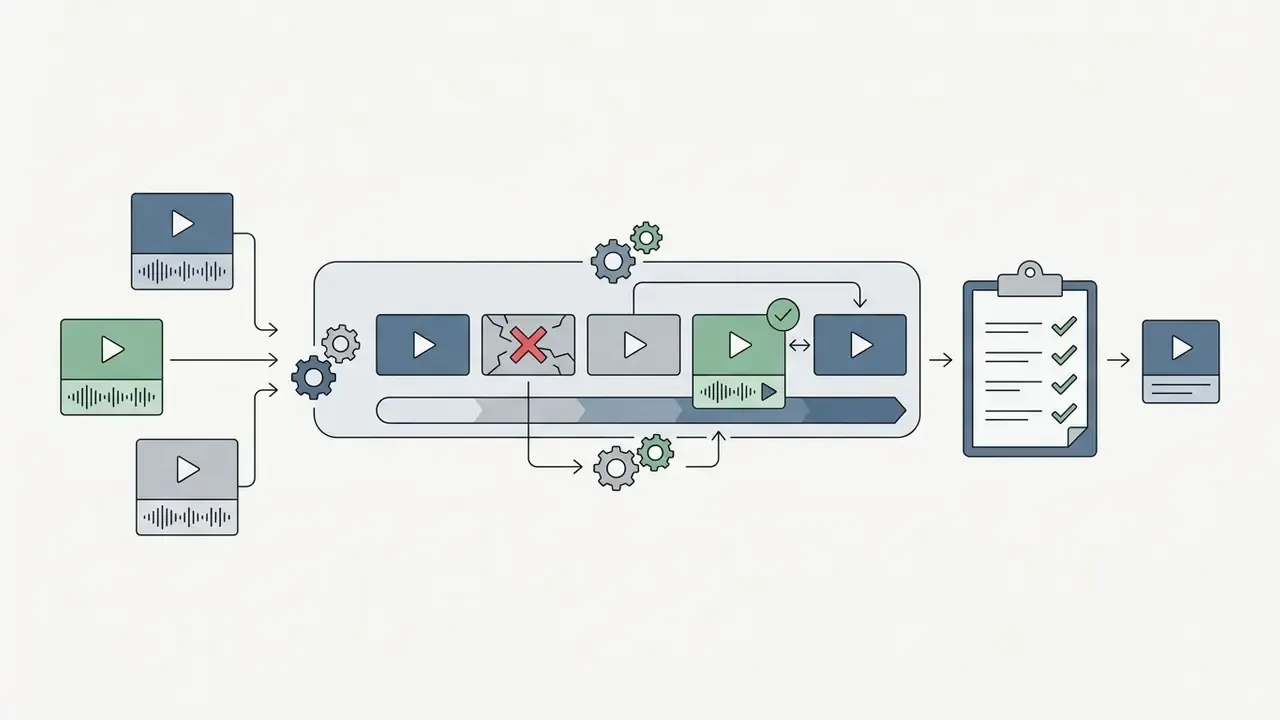 Raw video clips flowing into a timeline for assembly, quality checks, and final output organization