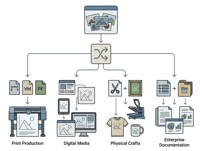 Diagram showing photo conversion into print, digital, craft, and enterprise documentation workflows