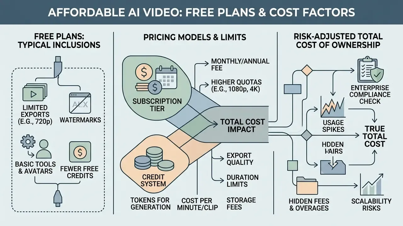 Diagram showing free AI video generator plan inclusions, pricing models, and total cost of ownership factors